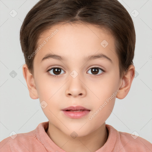 Joyful white child female with short  brown hair and brown eyes