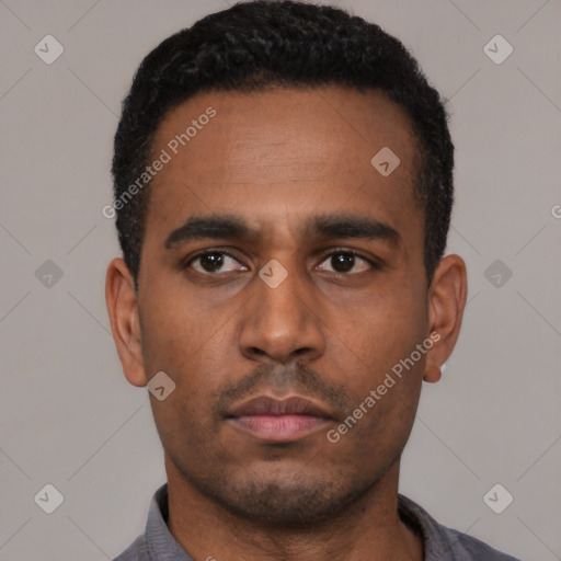 Neutral latino young-adult male with short  black hair and brown eyes