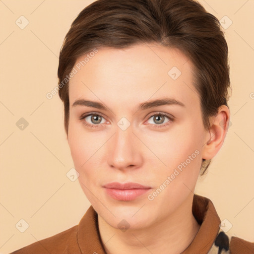 Neutral white young-adult female with short  brown hair and brown eyes