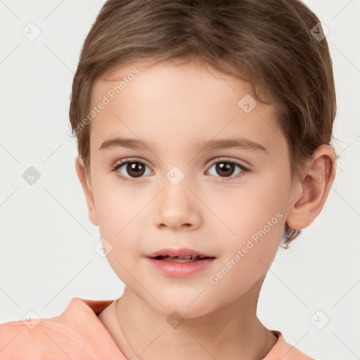 Joyful white child female with short  brown hair and brown eyes