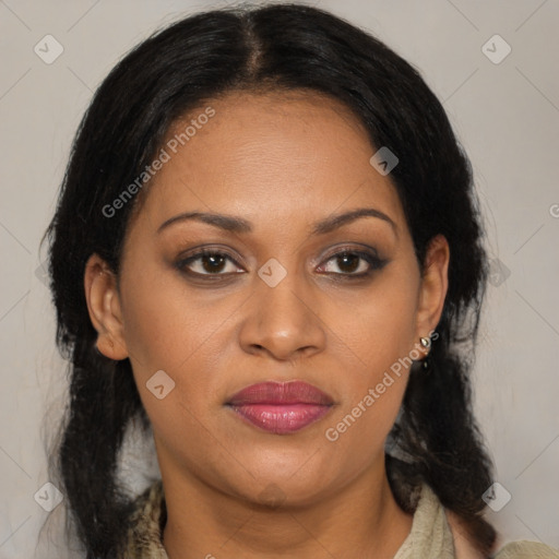 Joyful latino young-adult female with medium  brown hair and brown eyes