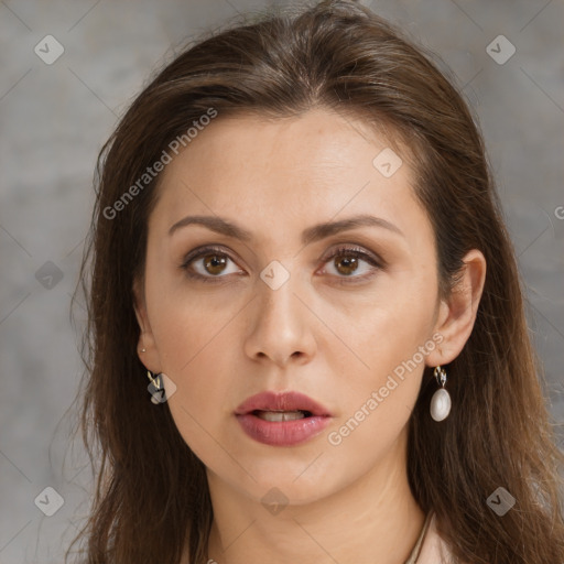 Neutral white young-adult female with long  brown hair and brown eyes