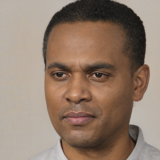 Neutral black young-adult male with short  black hair and brown eyes