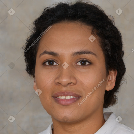 Joyful latino young-adult female with medium  brown hair and brown eyes