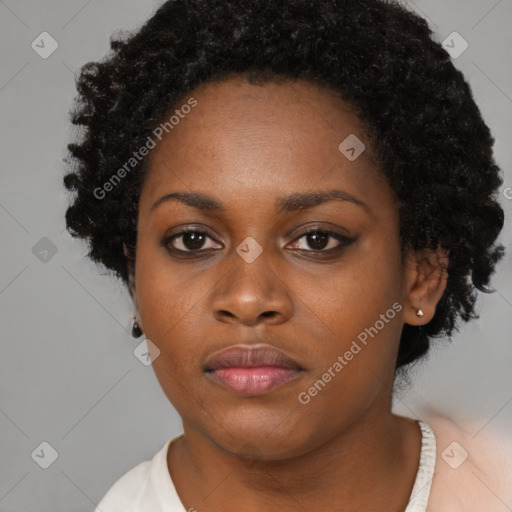 Neutral black young-adult female with short  black hair and brown eyes