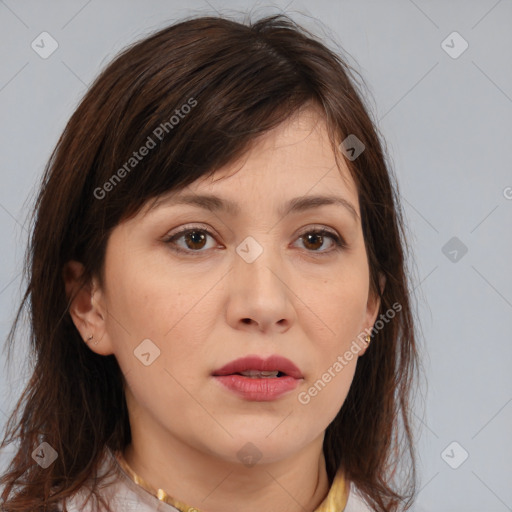 Neutral white young-adult female with medium  brown hair and brown eyes