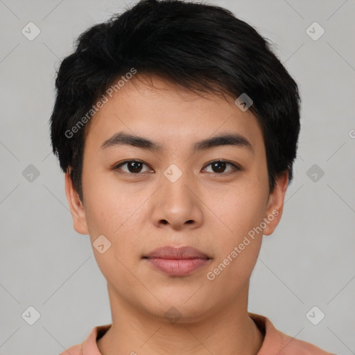 Neutral asian young-adult male with short  black hair and brown eyes