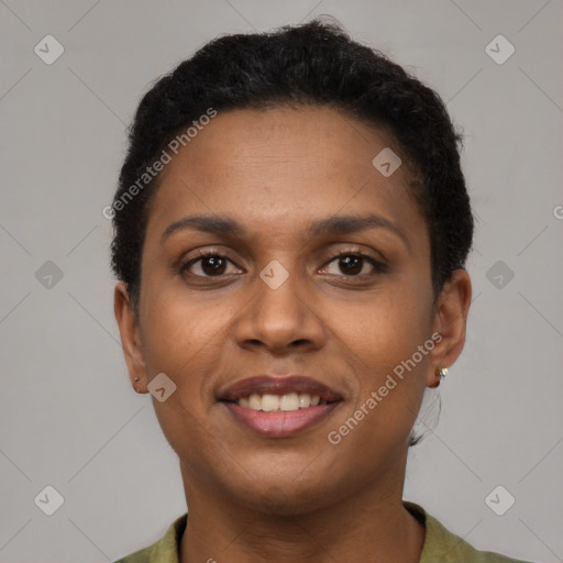 Joyful latino young-adult female with short  brown hair and brown eyes