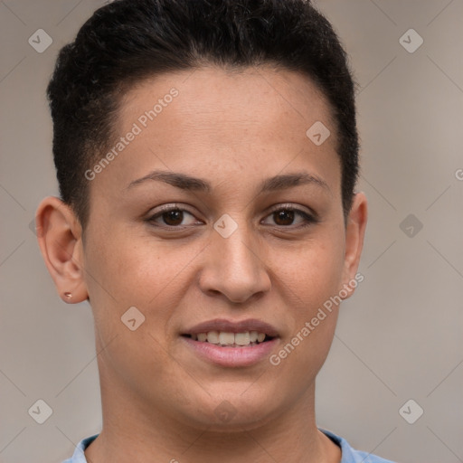 Joyful white young-adult female with short  brown hair and brown eyes