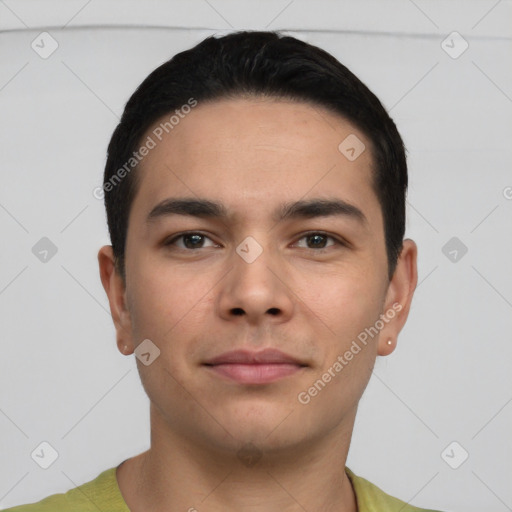 Neutral asian young-adult male with short  brown hair and brown eyes