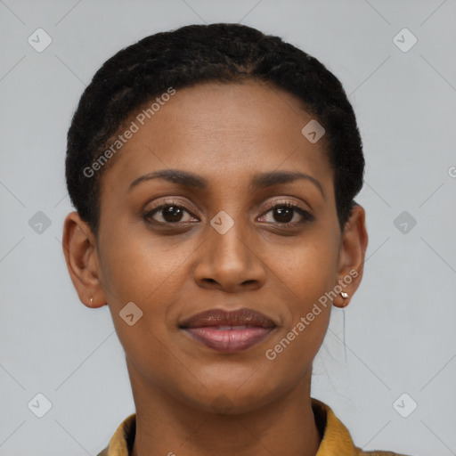 Joyful latino young-adult female with short  brown hair and brown eyes