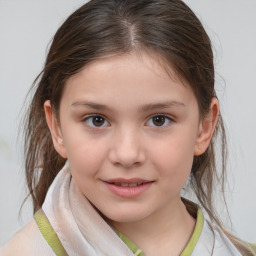 Joyful white child female with medium  brown hair and brown eyes