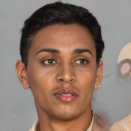 Neutral latino young-adult female with short  brown hair and brown eyes