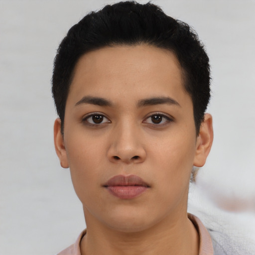 Neutral asian young-adult female with short  black hair and brown eyes