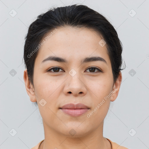 Joyful asian young-adult female with short  brown hair and brown eyes