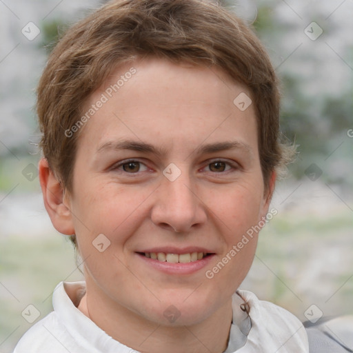 Joyful white young-adult female with short  brown hair and grey eyes