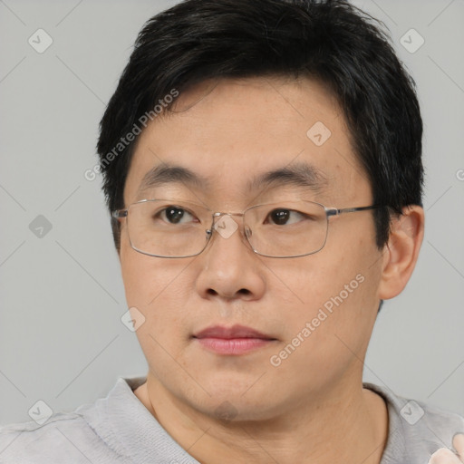 Neutral asian young-adult male with short  brown hair and brown eyes