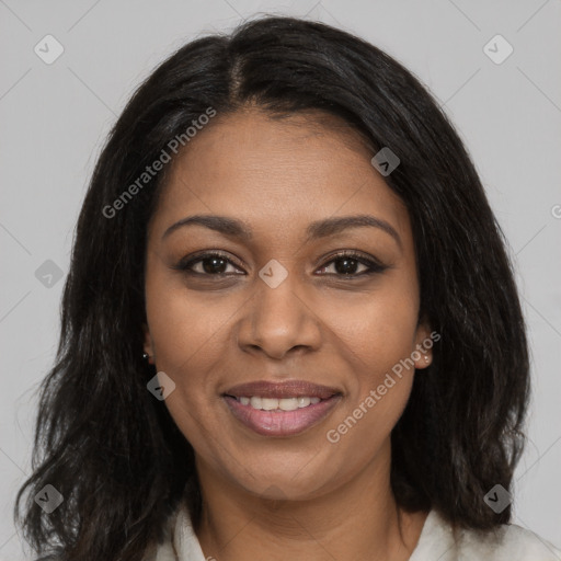 Joyful black young-adult female with medium  black hair and brown eyes