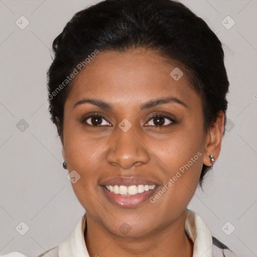 Joyful latino young-adult female with short  brown hair and brown eyes