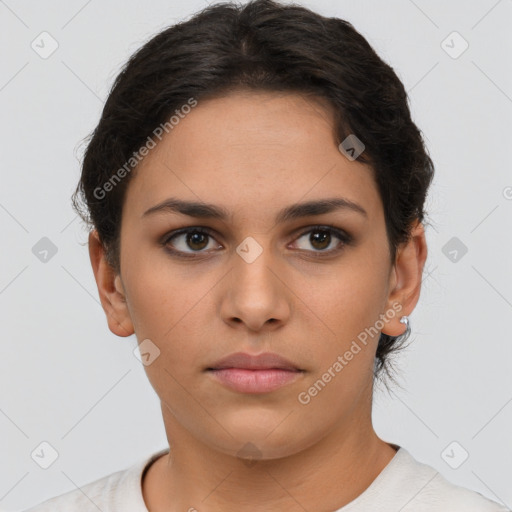 Neutral white young-adult female with short  brown hair and brown eyes