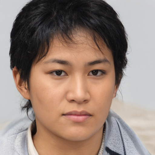 Neutral asian young-adult female with medium  brown hair and brown eyes