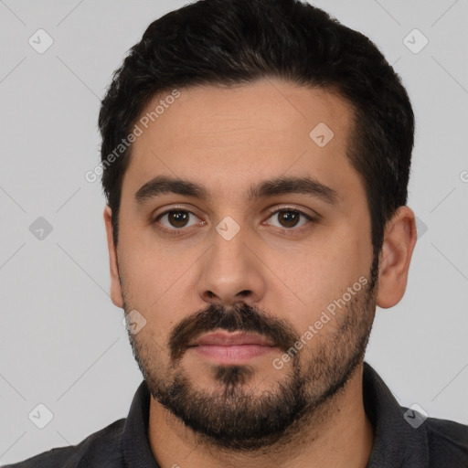 Neutral white young-adult male with short  black hair and brown eyes