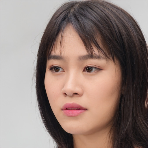 Neutral asian young-adult female with long  brown hair and brown eyes