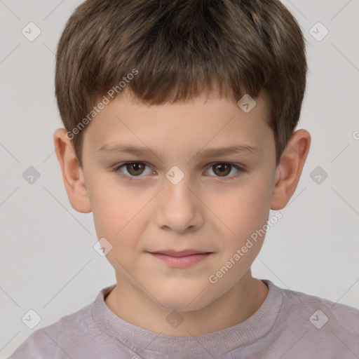 Joyful white child male with short  brown hair and brown eyes