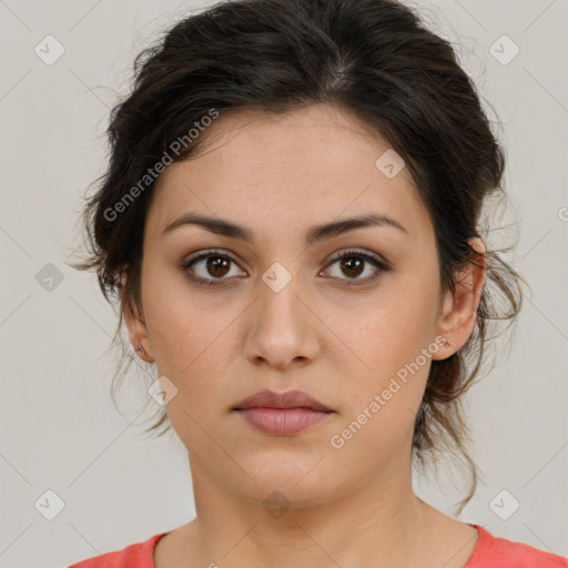 Neutral white young-adult female with medium  brown hair and brown eyes