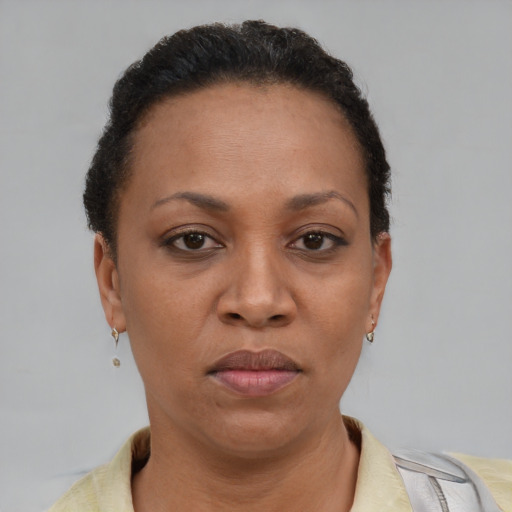 Joyful latino adult female with short  brown hair and brown eyes
