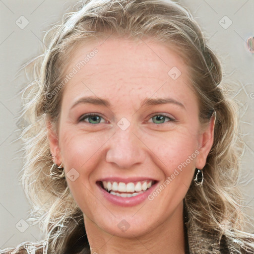 Joyful white young-adult female with medium  brown hair and blue eyes