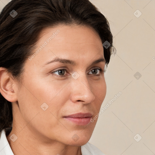 Neutral white young-adult female with medium  brown hair and brown eyes