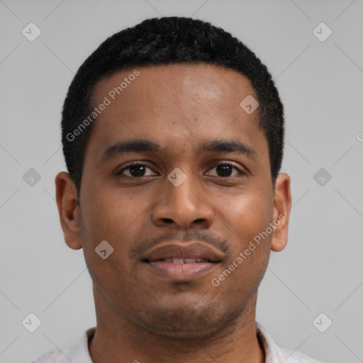 Neutral latino young-adult male with short  black hair and brown eyes