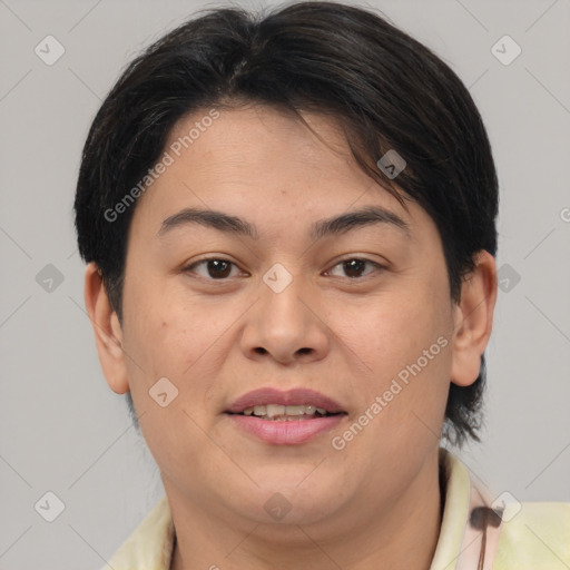 Joyful asian young-adult female with short  brown hair and brown eyes