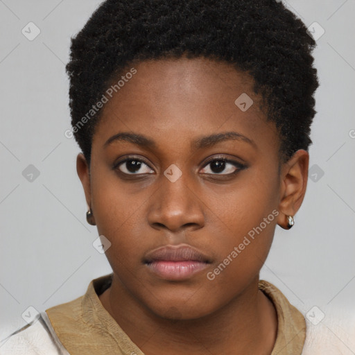 Neutral black young-adult female with short  brown hair and brown eyes