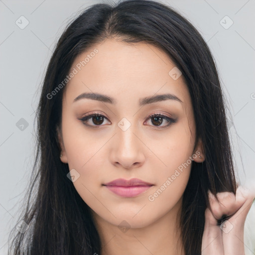 Neutral asian young-adult female with long  brown hair and brown eyes