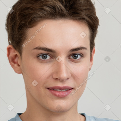 Joyful white young-adult female with short  brown hair and grey eyes