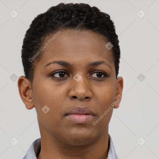 Neutral black young-adult female with short  brown hair and brown eyes