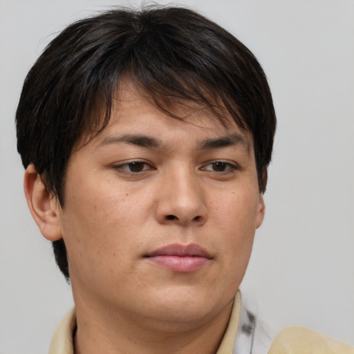Neutral asian young-adult female with short  brown hair and brown eyes