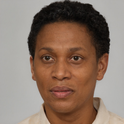 Neutral black adult female with short  black hair and brown eyes