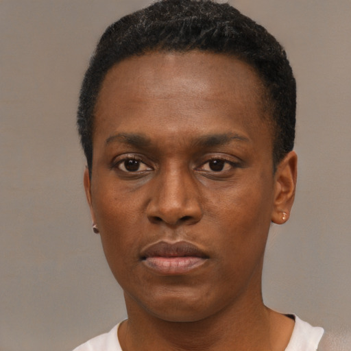 Neutral black young-adult male with short  black hair and brown eyes