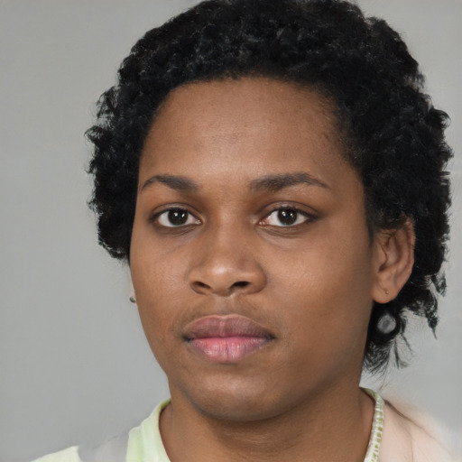 Neutral black young-adult female with short  black hair and brown eyes