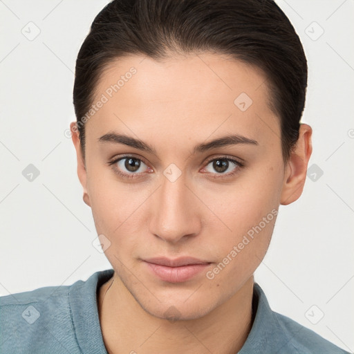 Neutral white young-adult female with short  brown hair and brown eyes