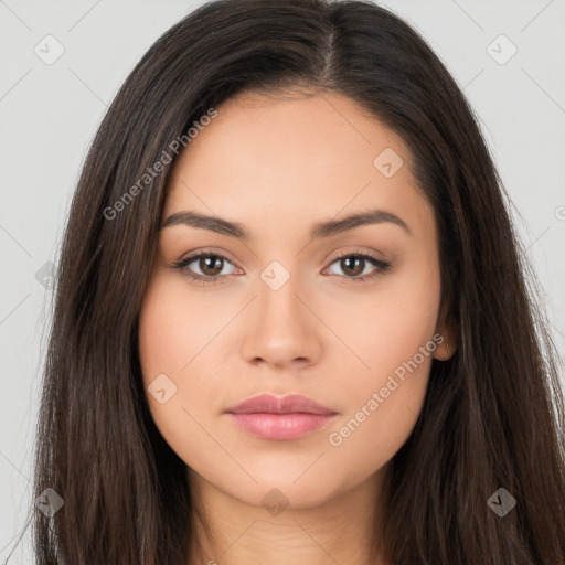 Neutral white young-adult female with long  brown hair and brown eyes