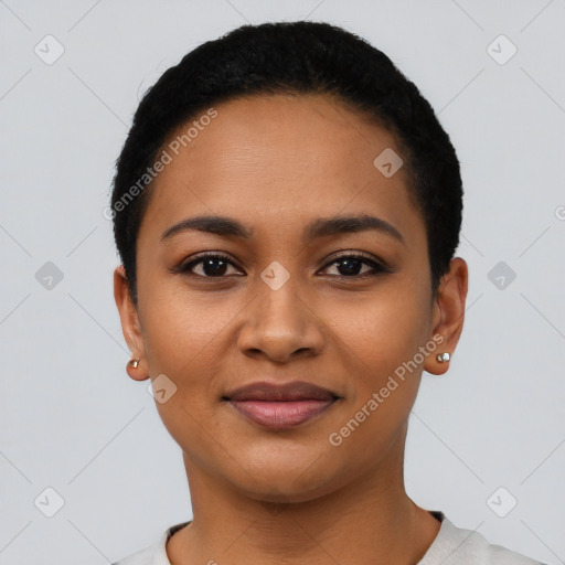 Joyful latino young-adult female with short  black hair and brown eyes