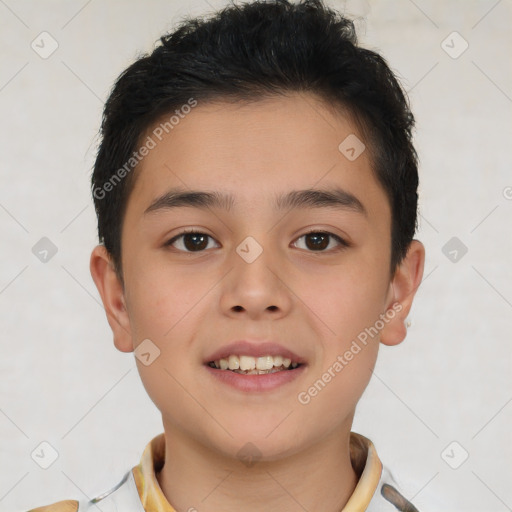 Joyful white child male with short  brown hair and brown eyes