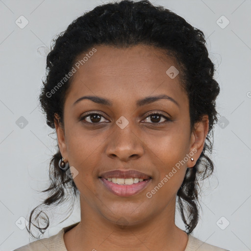 Joyful black young-adult female with medium  brown hair and brown eyes