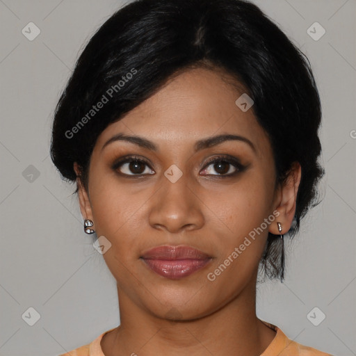 Joyful latino young-adult female with medium  black hair and brown eyes