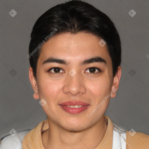 Joyful asian young-adult male with short  brown hair and brown eyes