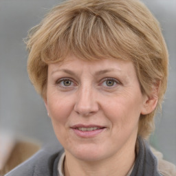 Joyful white adult female with medium  brown hair and blue eyes